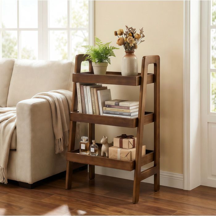 Étagère Échelle 3 Niveaux En Bois Noyer Bibliothèque Compacte FloraGrace Pour Salon Chambre Bureau Facile A Assembler 45x32x80cm