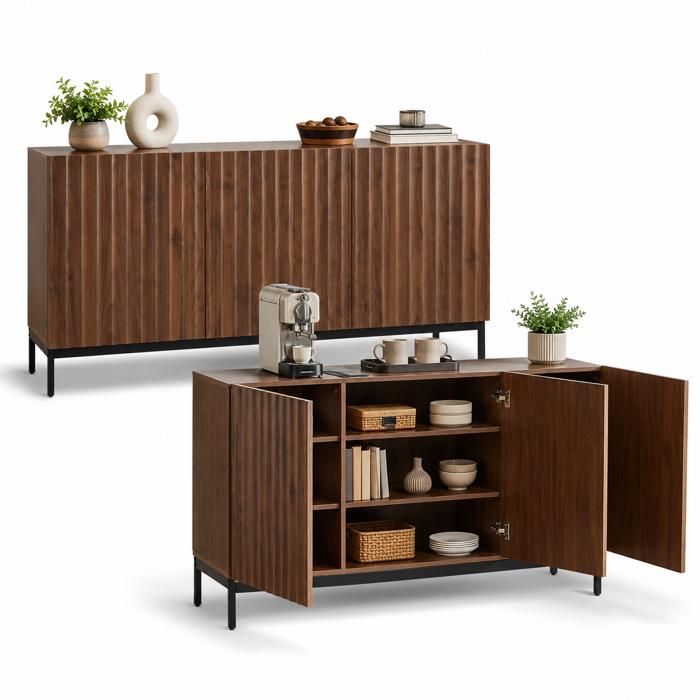 Buffet de rangement - FURNITURER - 150 x 40 x 80 cm - Beige - Portes avec étagères - Grande capacité sur piètement