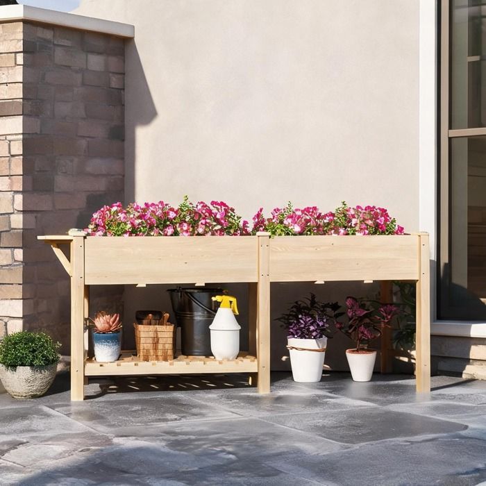 Jardinière potagère sur pieds en bois naturel avec 2 bacs et rangement 207 cm - Bois naturel Bois de sapin 207 x 59 x 78 cm