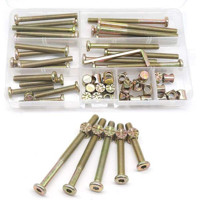 Kit de vis et écrous M6 pour cadre de lit 25 pièces de 40 à 80 mm Boîte de rangement incluse Assemblage meubles bébé et