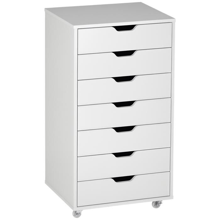 Caisson de bureau à 7 tiroirs – Avec roulettes et poignées encastrées – pour le bureau et la maison – 47 5x39 5x90 cm Blanc