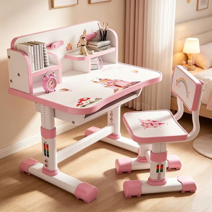 GIPAZ Ensemble Bureau et Chaise détude Tiroir Étagères de rangement Hauteur Réglable style dessin animé mignon 3-18 ans Rose