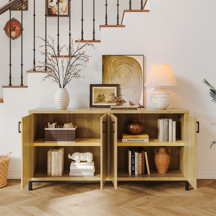 Buffet 160x35x85cm - Meuble de cuisine 4 portes avec étagères et pieds en métal - Bois naturel Buffet 160x35x85cm - Meuble de cuisine 4 portes avec étagères et pieds en métal - Bois naturel