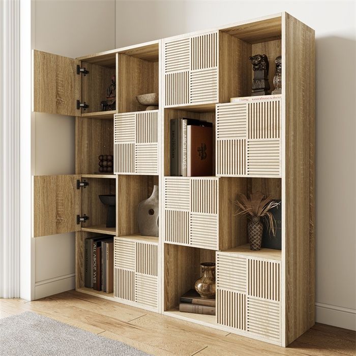 Bibliothèque 125x30x60cm - Meuble rangement modulable à 8 cases 4 portes à persiennes pose horizontale/verticale - Chêne Bibliothèque 125x30x60cm - Meuble rangement modulable à 8 cases 4 portes à persiennes pose horizontale/verticale - Chêne