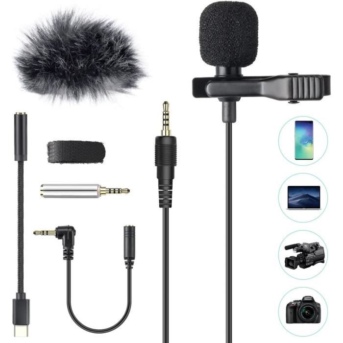 Microphone PC 3.5mm Jack Audio avec Clip et Bonnette Anti-Vent,2m Mini Micro Cravate Condensateur Omnidirectionnel avec 2 Adaptateur