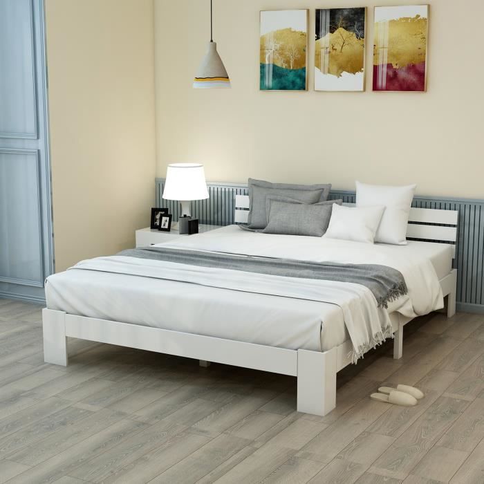 lit double en bois massif fsc blanc - atyhao - 140x200cm - style campagne