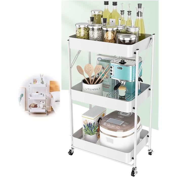 Kleankin Chariot Rangement 3 Niveaux Sur Roulettes – Étagère Étroite 48×15×80 Cm Blanc – Cuisine, Salle De Bain, Buanderie