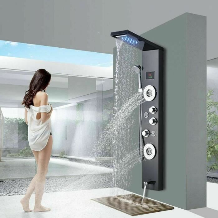 Colonne de douche à LED en acier inoxydable 304 avec mitigeur de massage douche et bec de baignoire 5 fonctions pour salle de bain Noir pommeau fixe 