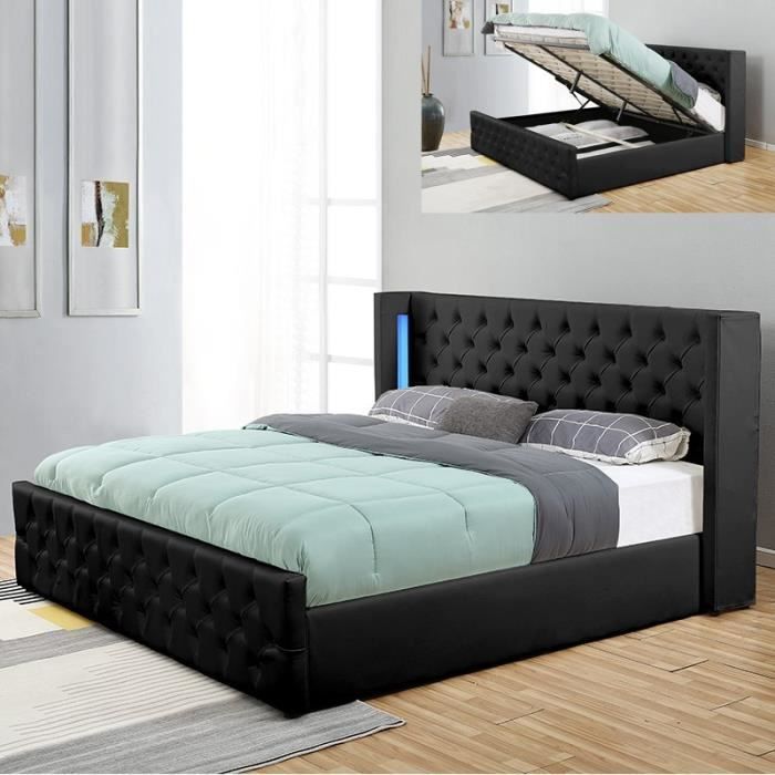 lit coffre - meubler design - osmos - noir - 140x190 - tête de lit capitonnée - led intégré