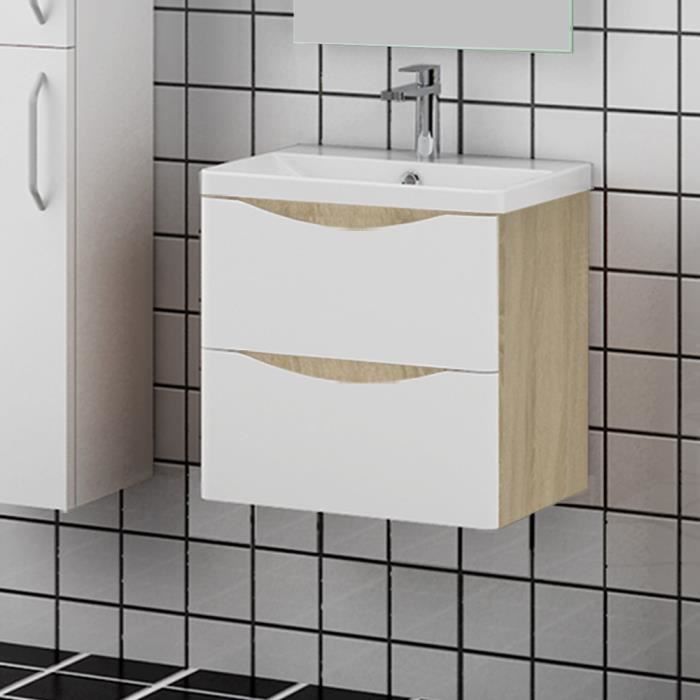 Meuble Salle De Bain 50x35x54cm 2 Tiroirs Meuble Suspendu Avec La Vasque Couleur Blanc Et Bois Cdiscount Maison