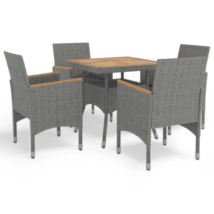 Qualité luxe© | Mobilier à dîner de jardin & Ensemble de 1 table avec 4 chaises & Gris Résine tressée et acacia |212063
