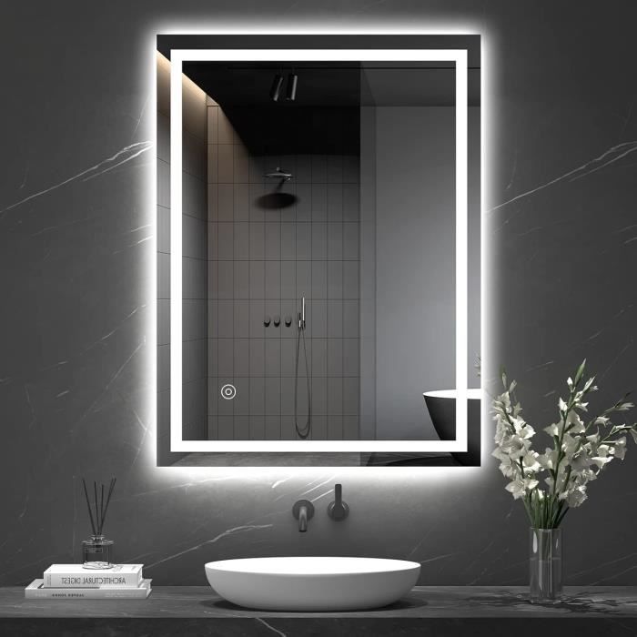 Miroir De Salle De Bain LED Dripex 50x70cm - Anti-Buée, Éclairage 20W Blanc Froid 6400K - Interrupteur Tactile - Installation Verticale/Horizontale