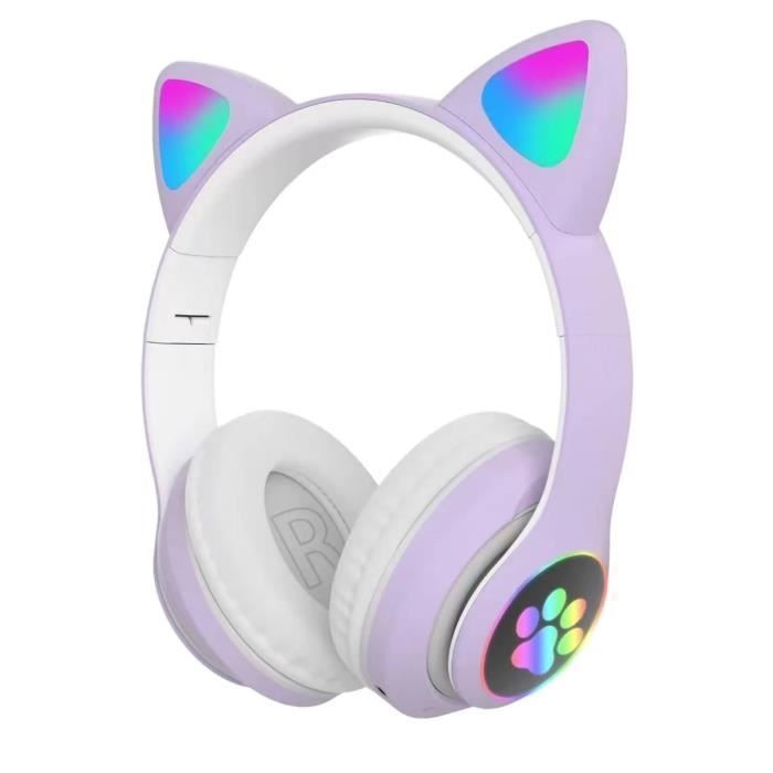 Casque Bluetooth Enfants - Mignon - Oreilles de Chat - LED Multicolores - Son Stéréo - Rechargeable