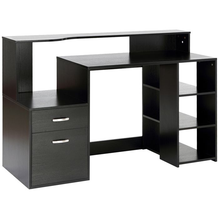 Bureau informatique - HOMCOM - 2 tiroirs rangement étagères ouvertes tablette imprimante moderne - MDF - 137x55x92cm - noir