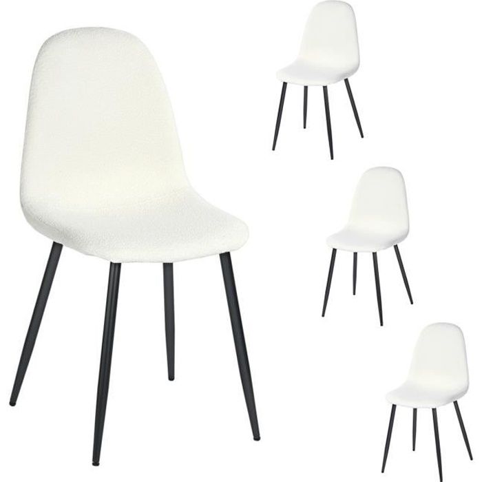 meubles cosy lot de 4 chaises salle à manger, tissu effet laine bouclée crème, peds en métal noir, style scandinave