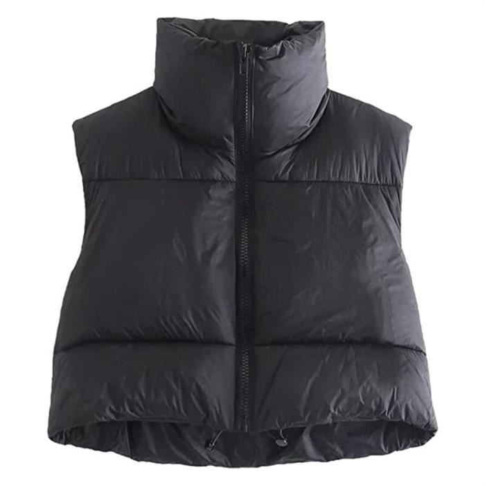 Gilet Sans Manches Femme - Crop Top Doudoune Col Montant - Noir - Décontracté