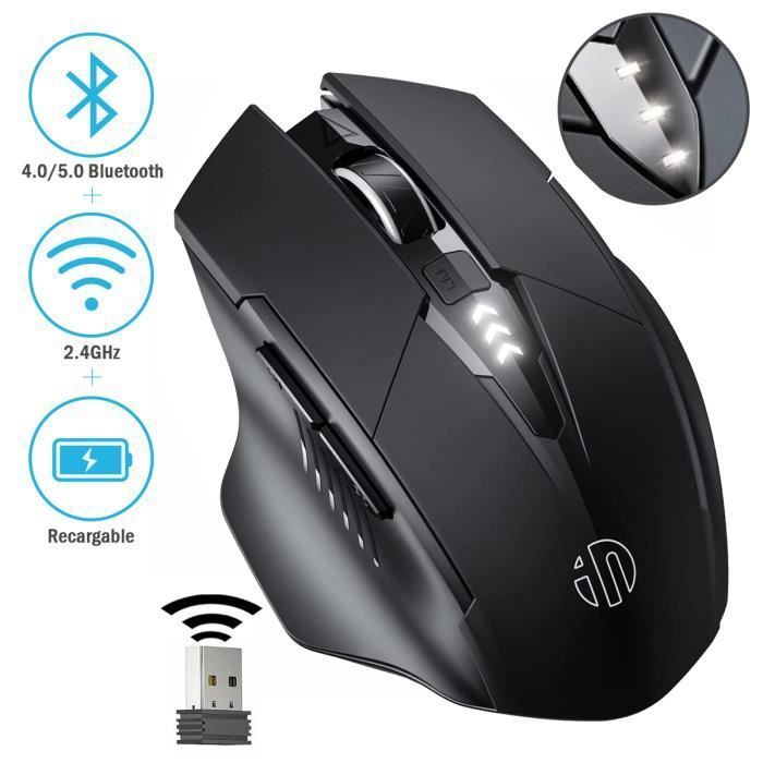 SDLOGAL Souris Bluetooth Rechargeable silencieuse(Tri-Mode: BT 5.0-4.0 + 2.4G),Niveau de Batterie Visible, Noir