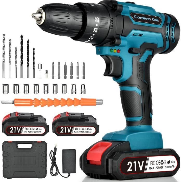Perceuse Visseuse Sans Fil 21V, Perceuse Electrique avec 2 × 1.5Ah