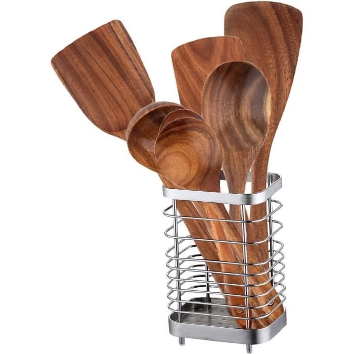 BlyeMichdi Porte Ustensiles Cuisine En Bois 3 Compartiments - Organisateur Couverts Avec Plateau, Brun 11.5x8x8cm