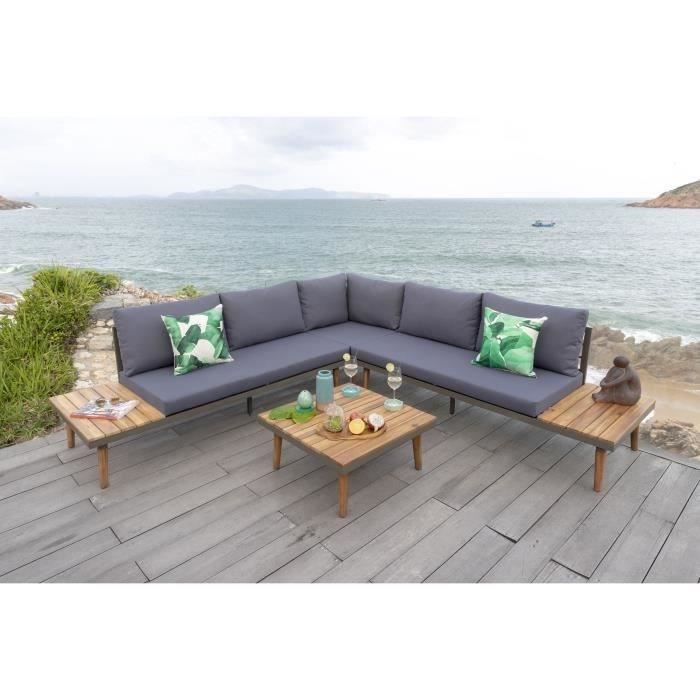 Salon De Jardin En Bois Dacacia 6 Personnes Canas Bois Et Coussins Gris