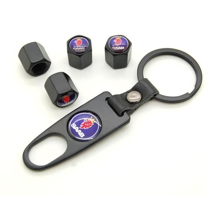 Lot De 4 Bouchons De Valves Avec Logo + Porte-Clés Suede Noir - Voiture, Moto, Vélo Et Scooter