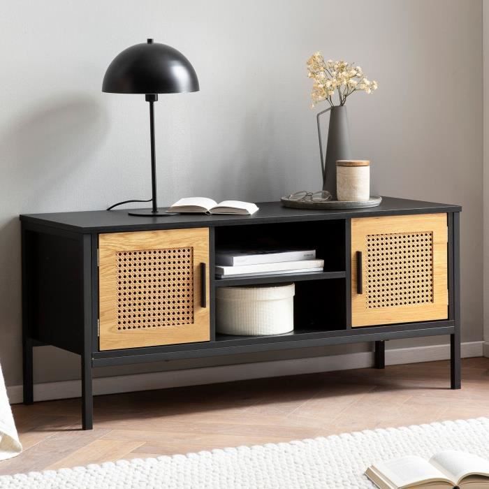 WOHNLING Meuble TV 110 cm Noir Aspect Chêne Lowboard Rotin Panneau de Télévision WOHNLING Meuble TV 110 cm Noir Aspect Chêne Lowboard Rotin Panneau de Télévision