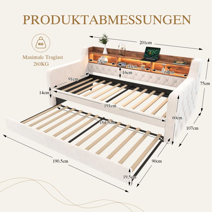Canapé-Lit 140x190 cm avec Lit Tiroir 90x190, Lit Double Transformable avec Rangement Caché, Étagères Ouvertes & Ports USB/USB-C, Sommier à Lattes, Blanc, Sans Matelas