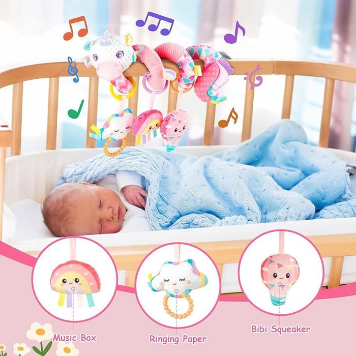Coriver Spirale D’activité Bébé – Jouets Suspendus Pour Poussette, Lit Ou Siège Auto – Avec Musique, Miroir Et Textures – Dès 0 Mois – Rose