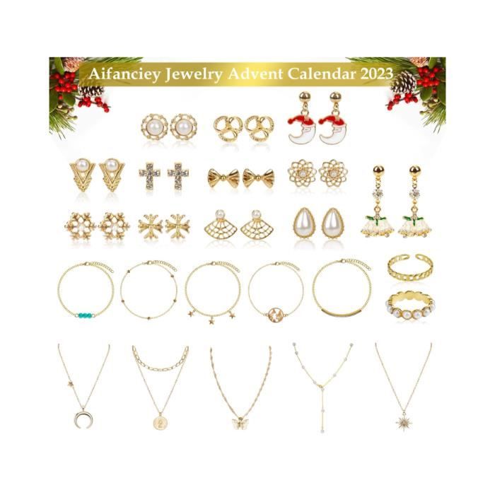 Calendrier De L'Avent Bijoux 2024 Femme - 24 Surprises Bracelets, Boucles D'Oreilles, Colliers & Anneaux - Cadeau Noël Idéal