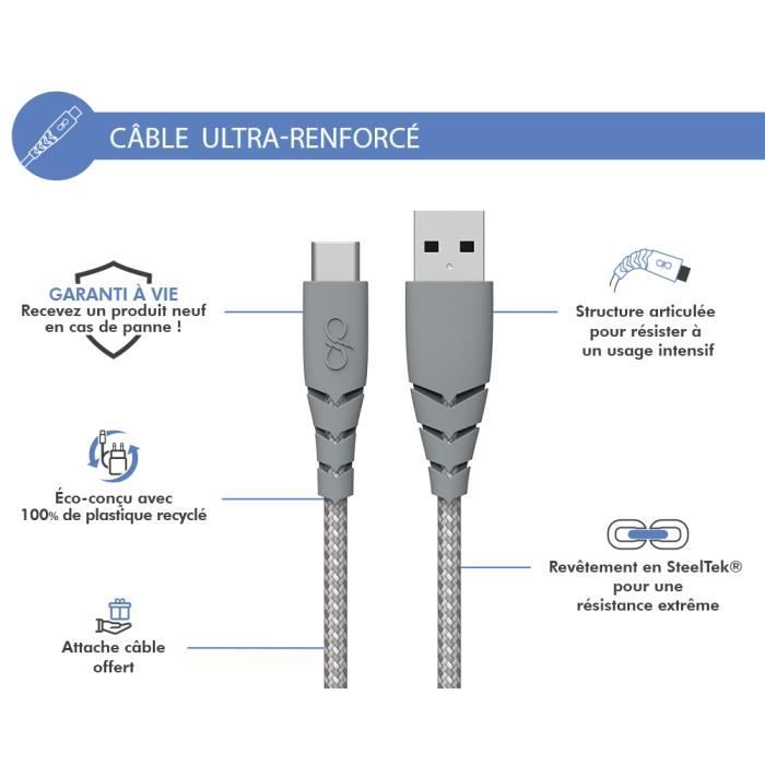 Câble Ultra-renforcé USB A/USB C 1,2m 3A Garanti à vie Gris - 100% Plastique recyclé Force Power