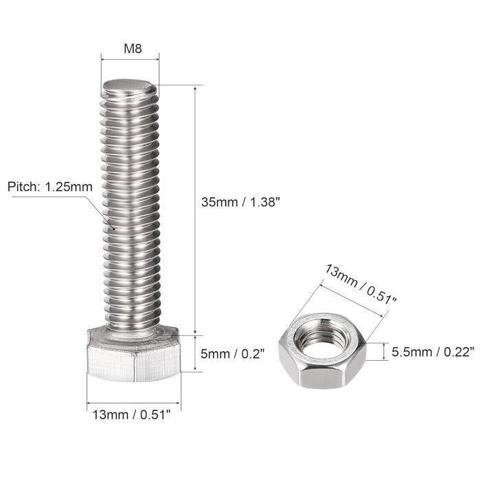 Vis Tête Hexagonale Acier Inoxydable M5 X 130mm - Lot De 5 Avec écrous Et Rondelles
