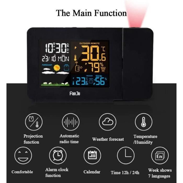 Mumusuki Projecteur Météo LED Réveil Projection Plafond - Réveil Numérique Avec Chargeur USB Et Affichage Température