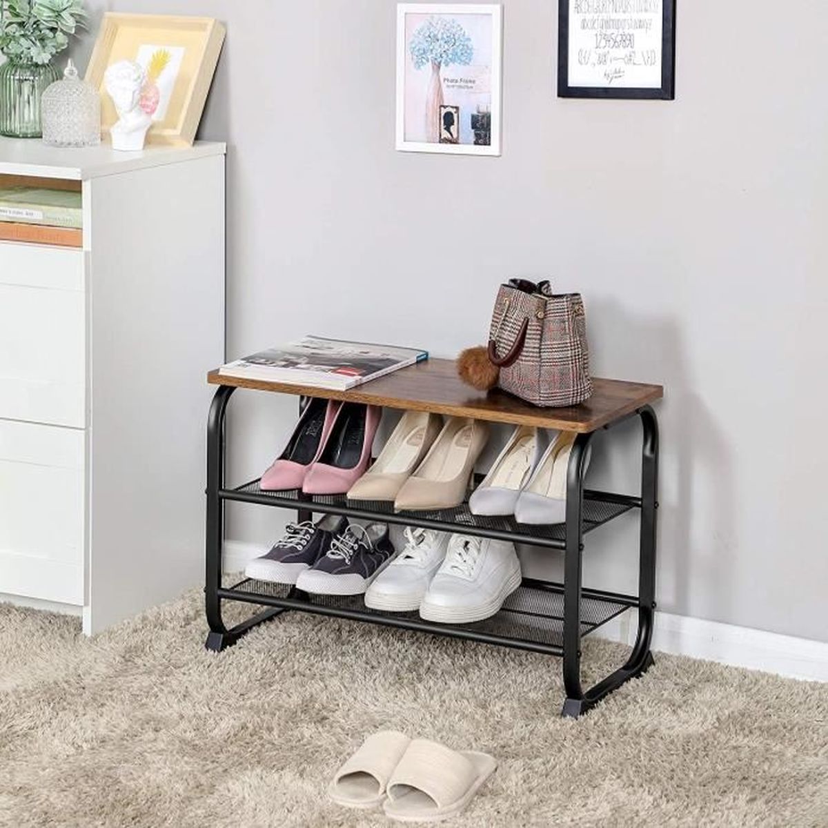 Vasagle Banc A Chaussures De Style Industriel Etagere A Chaussures Avec 2 Etages En Treillis Structure En Metal A L Entree Au Sa Achat Vente Porte Chaussures Vasagle Banc A Chaussures D