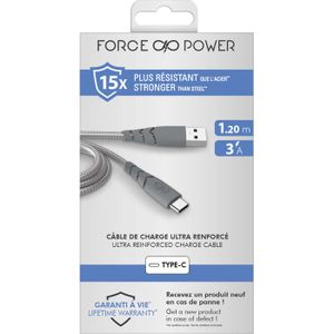 Chargeur Secteur Rapide Force Power 3A + Câble Renforcé 2.4A - Gris, Garanti à Vie, Neuf