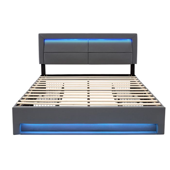 Lit Double 140x190 Avec Rangement Et LED RGB - Tiroirs Et Coffre à Gaz - Ports USB - Tête De Lit Rembourrée - Noir - 12