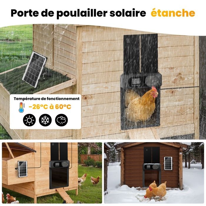 Porte Automatique Pour Poulailler Avec WiFi Et Solaire - Télécommande, Minuterie, Capteur De Lumière, écran LCD, En Aluminium - 12