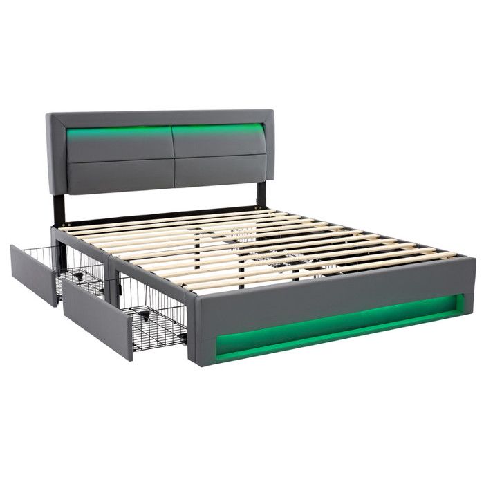 Lit Double 140x190 Avec Rangement Et LED RGB - Tiroirs Et Coffre à Gaz - Ports USB - Tête De Lit Rembourrée - Noir - 3