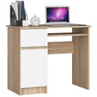 Bureau d'ordinateur AKORD gauche PIKSEL Chêne Sonoma 90 cm 1 porte 1 tiroir façade Blanche 3 étagères 90x50x77 cm