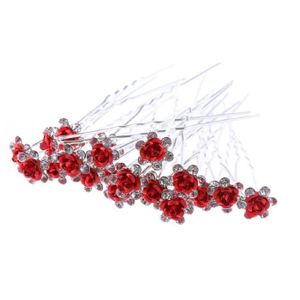 BARRETTE - CHOUCHOU Lot de 10 épingles chignons fleur rouge et strass