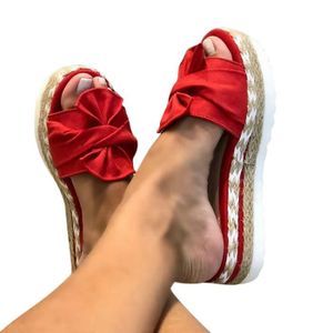 CHAUSSON - PANTOUFLE lukcolor Chausson - Pantoufle Femmes Bowknot Plage Pantoufles D'été Plate-Forme Talons De Pente Plus La Taille Des Chaussures rouge