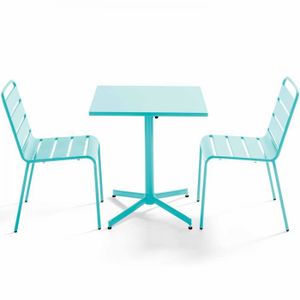 Ensemble table et chaise de jardin Ensemble table de jardin carrée et 2 chaises métal turquoise