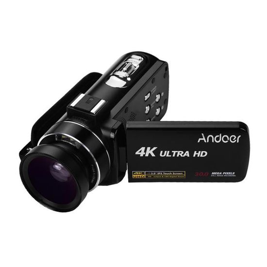 Andoer Caméra vidéo numérique professionnelle 4K Ultra HD Handheld DV Caméscope à capteur CMOS avec objectif grand angle 0,45X