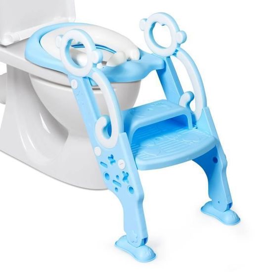 COSTWAY Reducteur WC Enfant-Echelle Réglable,Pliable-Siège Rembourré-Large Marchepied Antidérapant-Charge 75KG-Coussin Amovible-Bleu