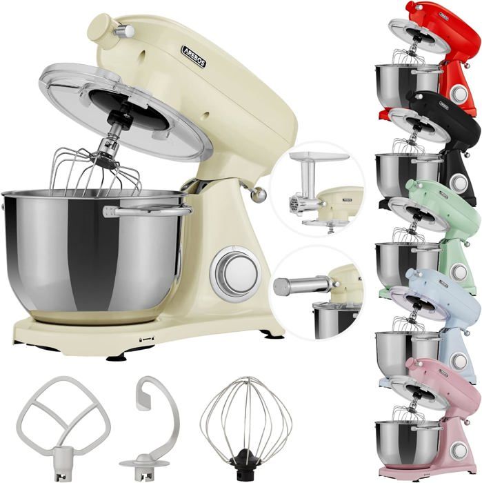 AREBOS Robot Pâtissier Professionnel 1800W Retro |Créme | Faible Bruit | Robot de Cuisine Multifonction | 6 Litres | 6 Vitesses
