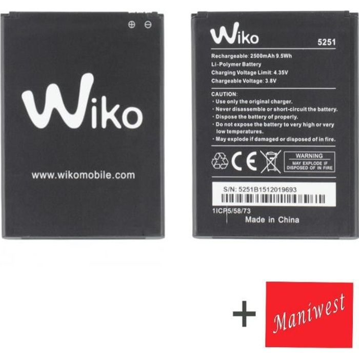 ORIGINAL Batterie Wiko 5251 2500 mAh 9,5Wh 3,8V pour Wiko Rainbow Jam 4G ou Wiko Pulp 3G / 4G + Screen Cleaner Maniwest