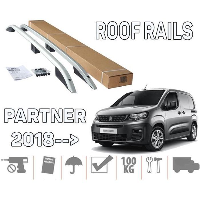 Barres de toit pour Peugeot Partner III 08-2018> court longitudinales alu + pieds plastique noir