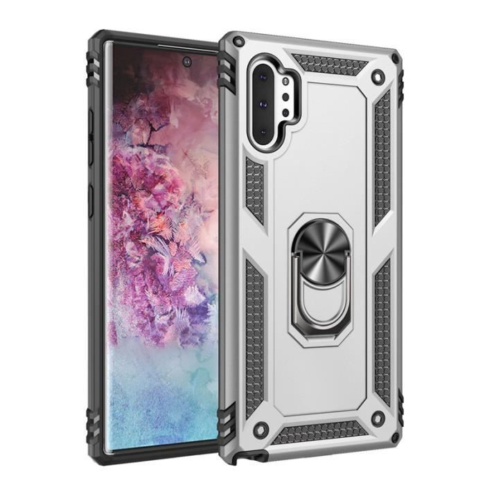 Coque Samsung Galaxy Note 10 Plus (5G), Armure Silicone Élégante Légère Durable Anneau Support Rotatif à 360˚ Antichoc, Argent