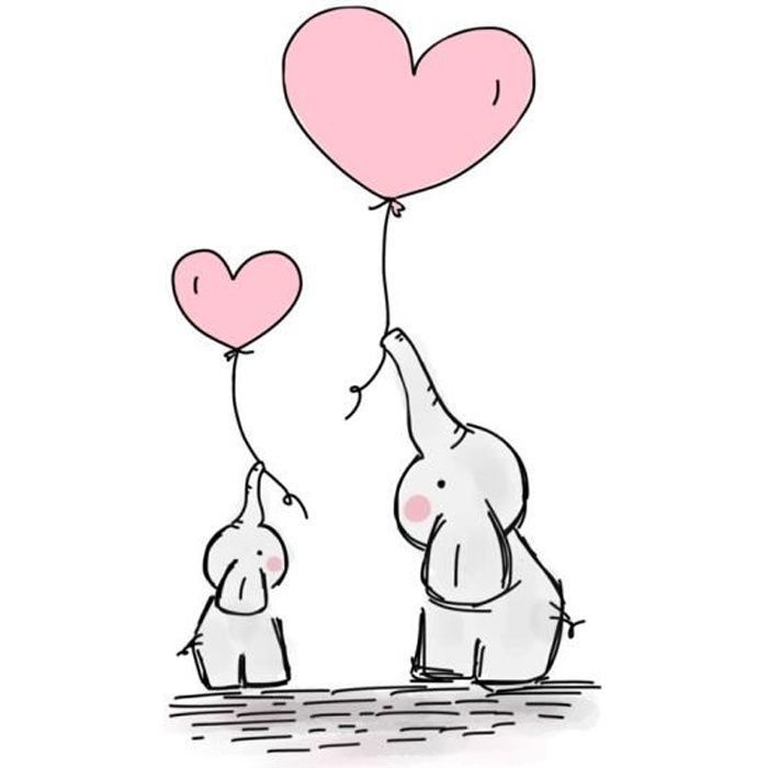 Poster Affiche Aquarelle Peinture Elephant Ballon Coeur Enfant Mignon 31cm x 55cm