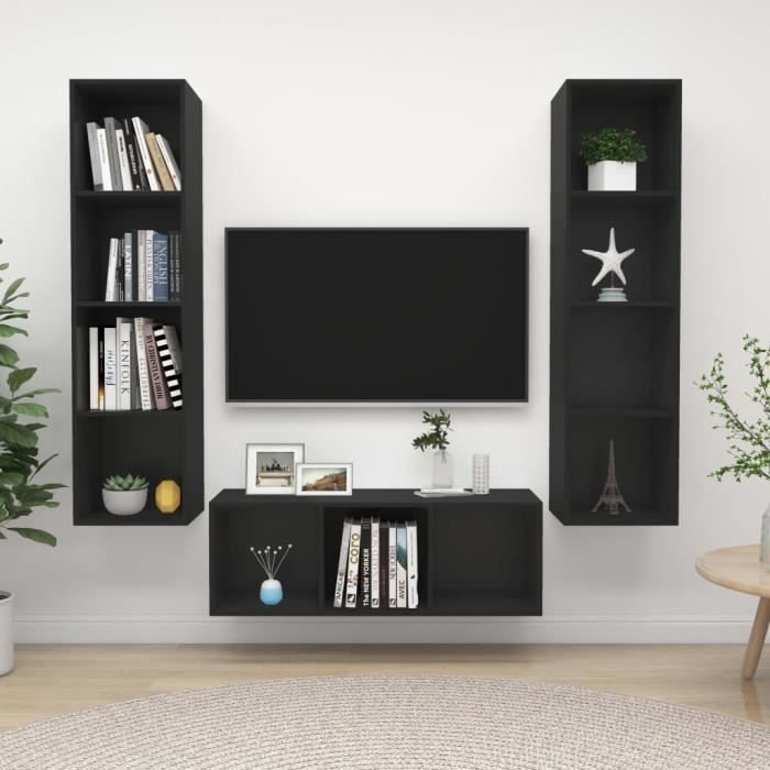 HENGL Ensemble de meuble TV 3 pcs Noir Aggloméré 7895335460949