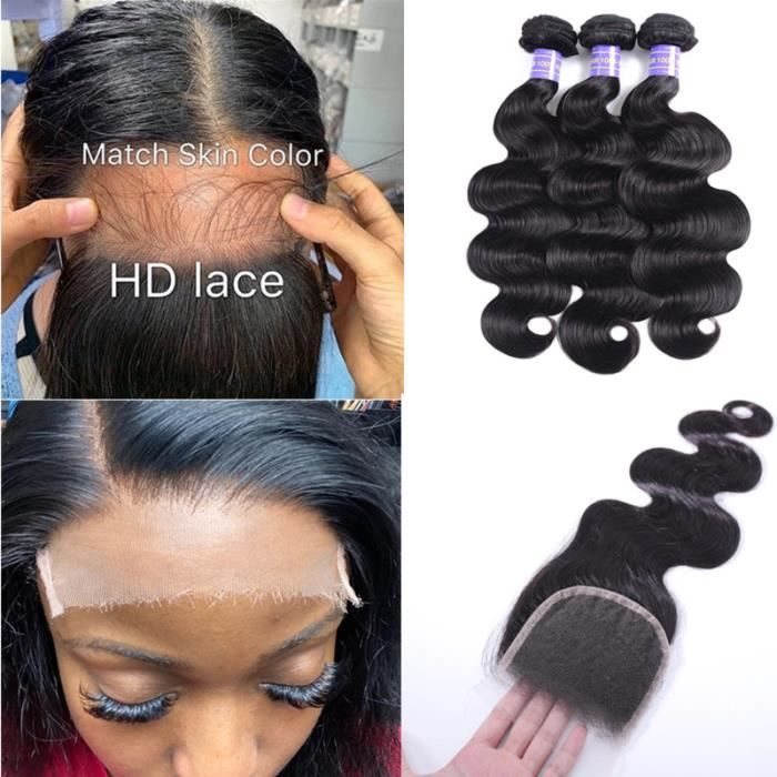 3 faisceaux de vague de corps indien 100% cheveux humains avec 5x5 HD lace fermeture(20 20 20+18-closure)
